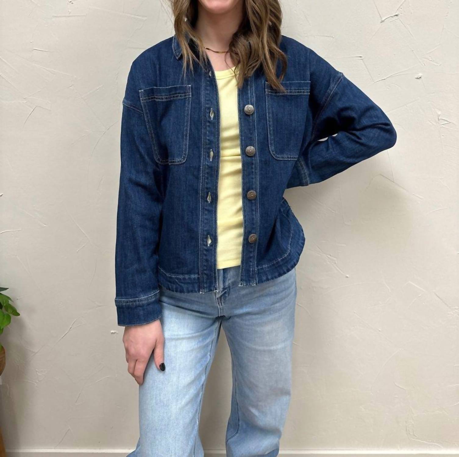 mica denim Washed Hi-low Shacket in dark wash - women's jacket - alternate view