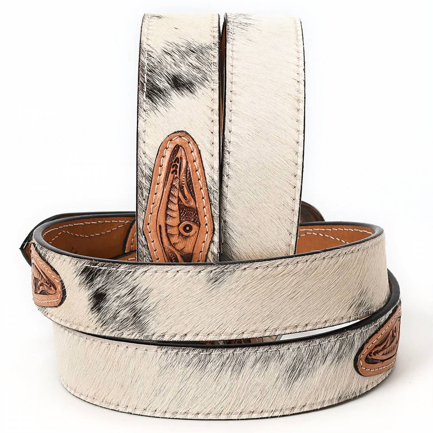American Darling - Women's Hair-on Cowhide Belt With Floral Tooled Leather Inlays And Western Buckle