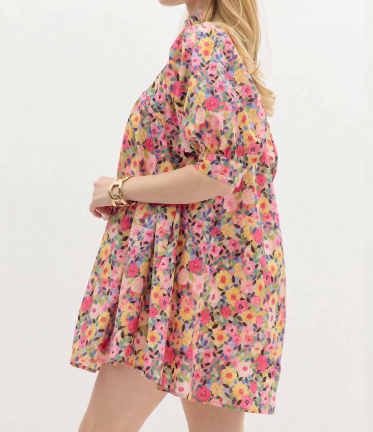 entro Floral Print Ruffle V-neck Mini Dress in pink - women's dress - alternate view