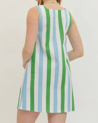 entro Call Me Spring Mini Dress in green stripe - women's dress - detail view