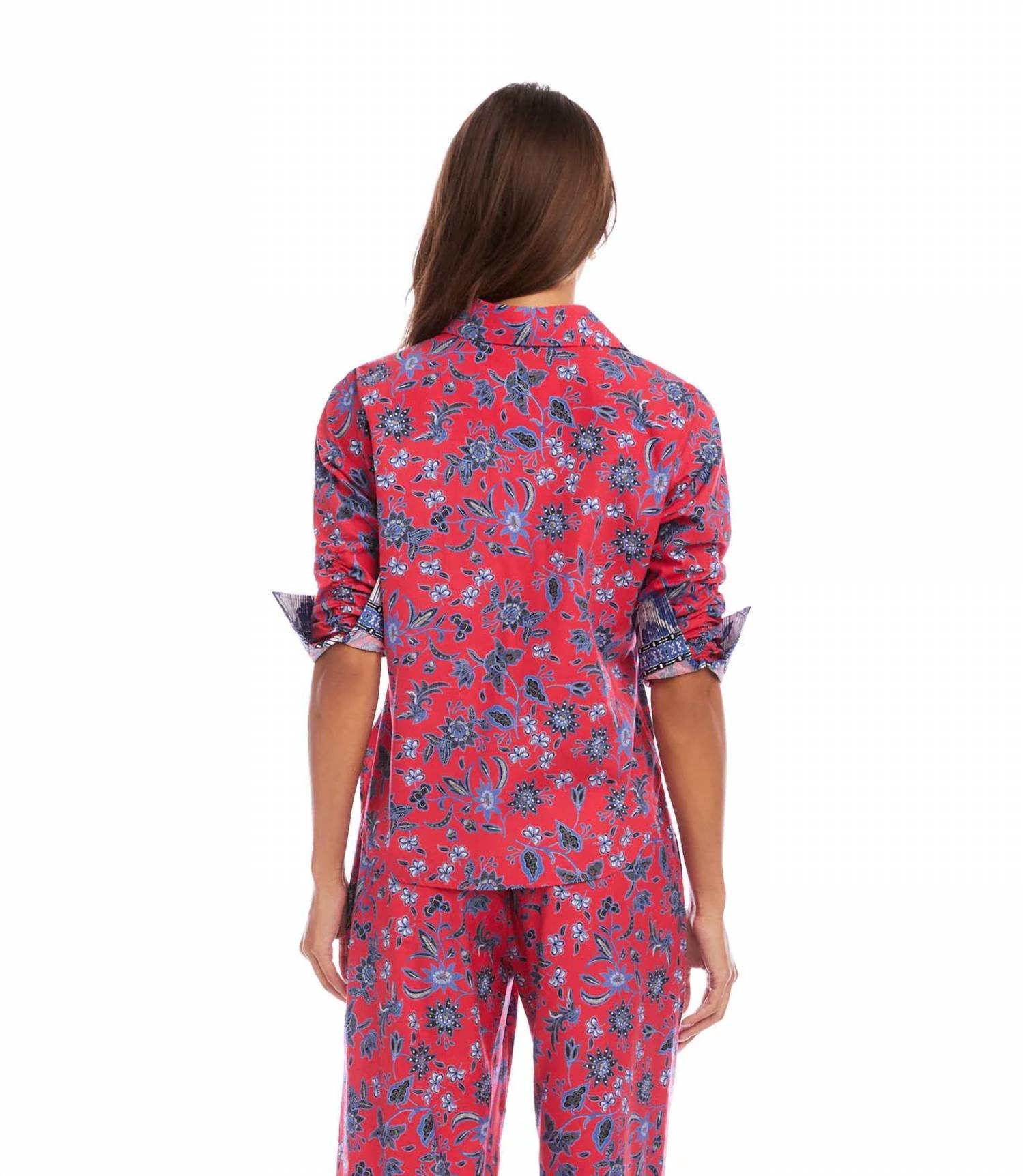 Karen Kane - Ruched Sleeve Border Print Shirt