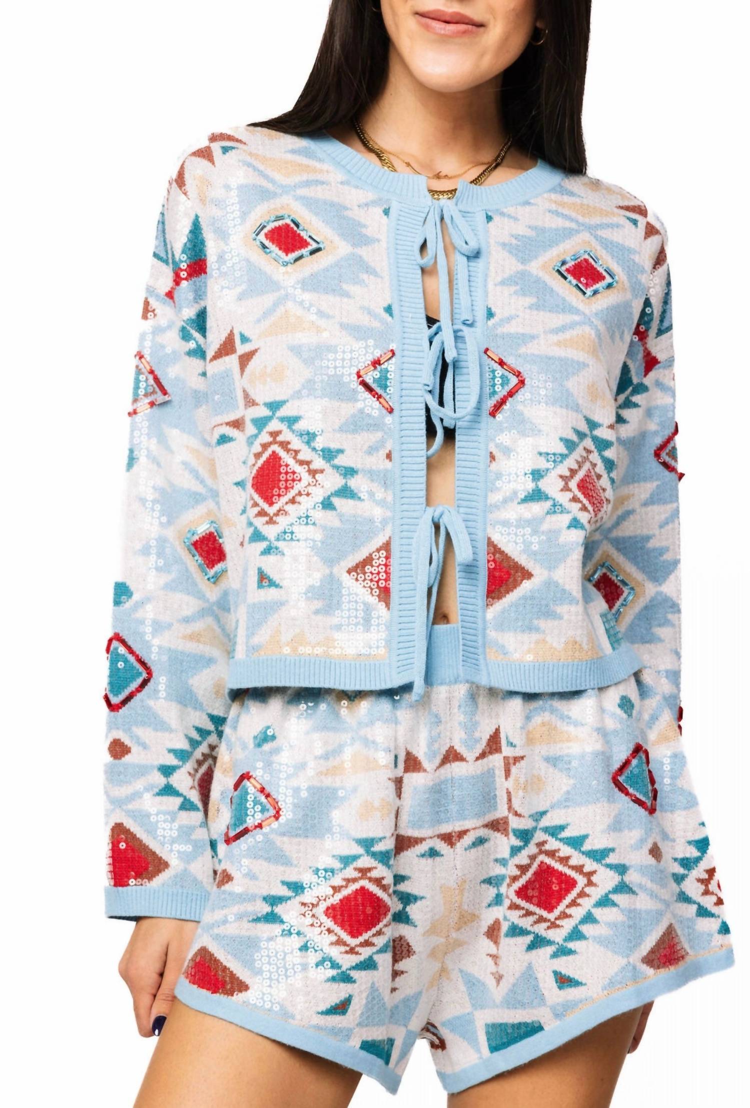 QUEEN OF SPARKLES Multi Aztec Tie Sweater in blue - women's cardigan - detail view
