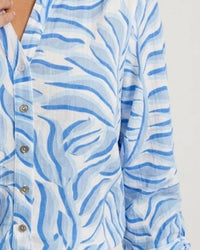 TRU LUXE Ruched Button Up Top in blue - women's blouse - detail view