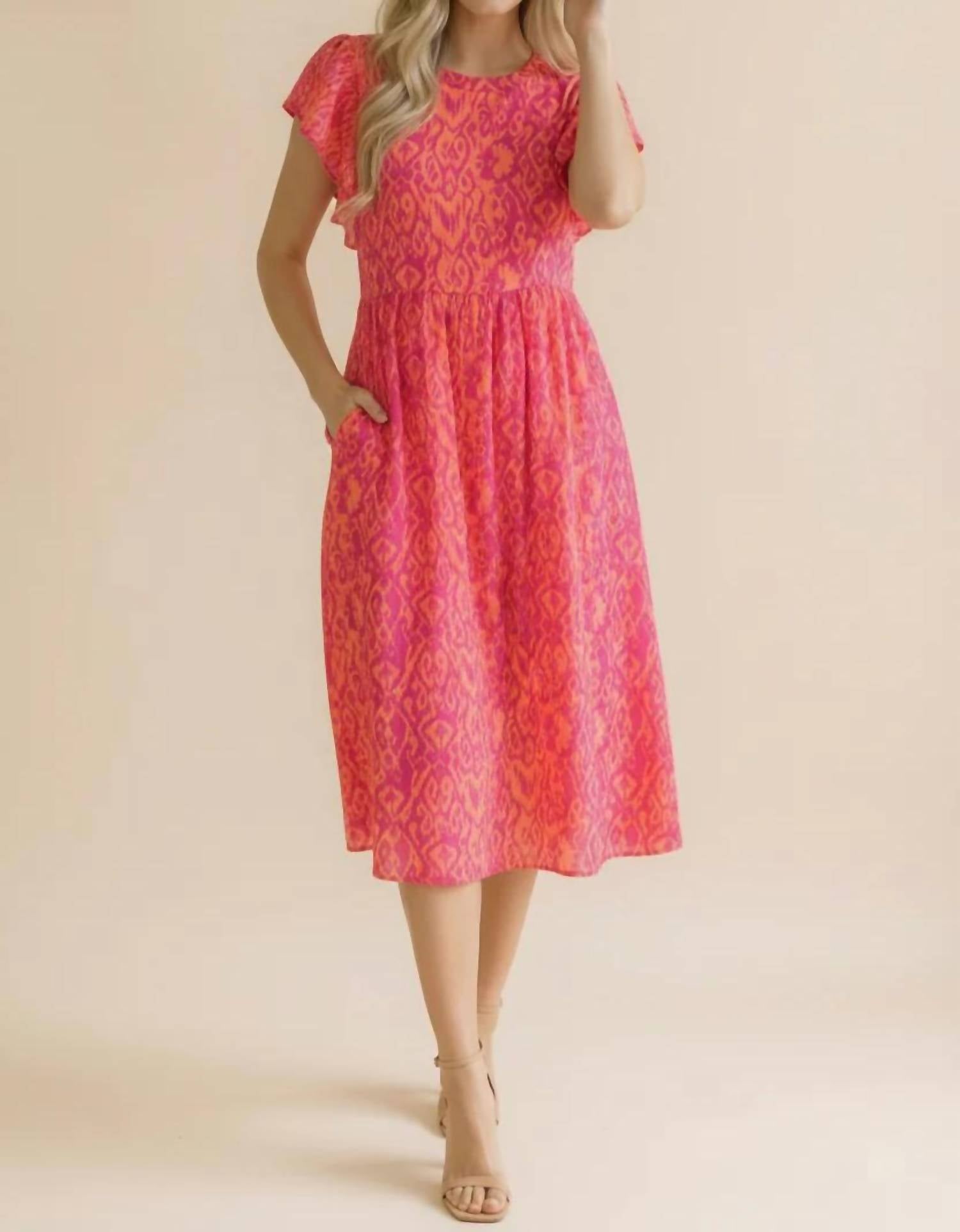 Haptics - Round Neck Ruffle Sleeve Ikat Babydoll Dress