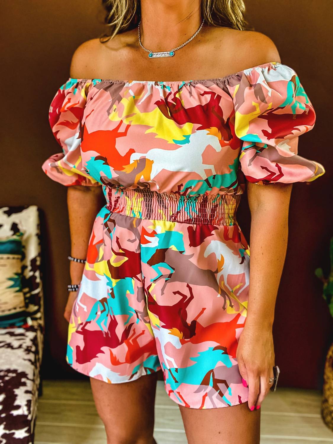 FANTASTIC FAWN Horse Print Romper in orange - women's pants