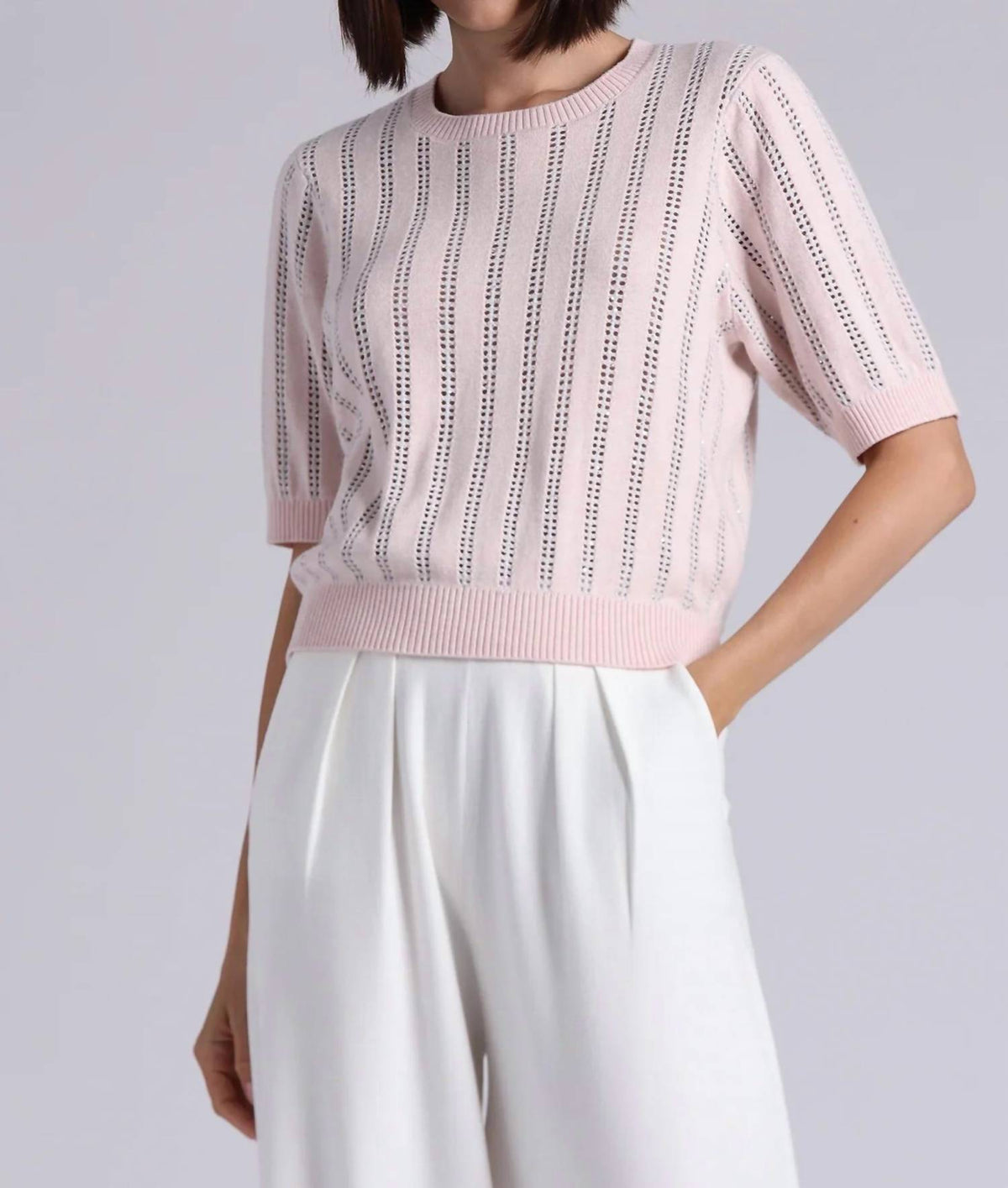 Minnie Rose - Sparkle Cotton Cashmere Short Sleeve Crew Top With Pointelle