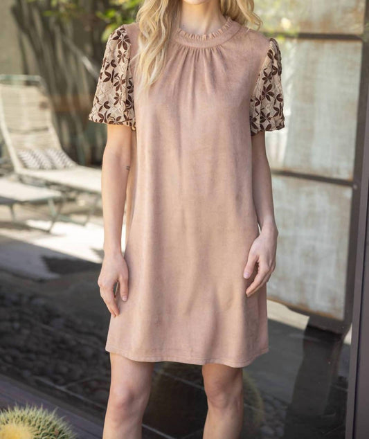 Voy - Floral Embroidered Short Sleeve Suede Dress