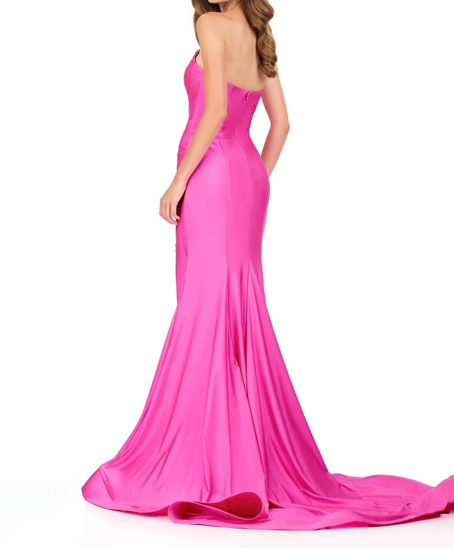 ASHLEYlauren Strapless Plunging Neckline Prom Dress in fuchsia - women's dress - detail view