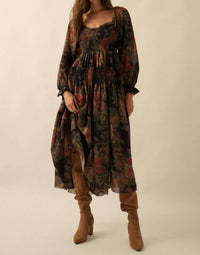 Promesa - Floral-print Smocked Bubble Sleeve Maxi Dress