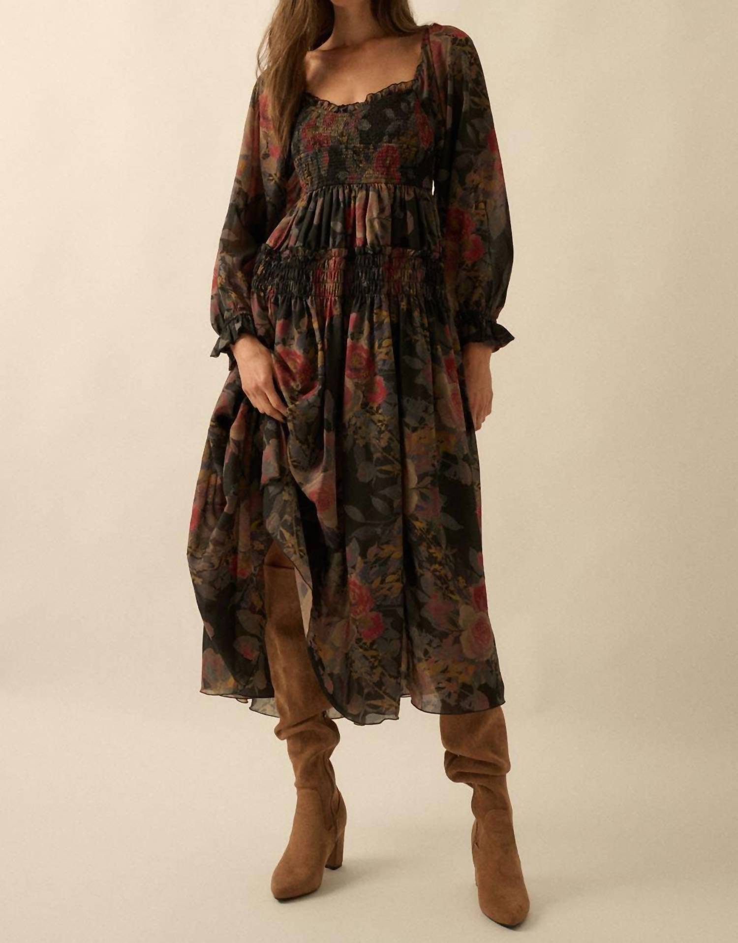 Promesa - Floral-print Smocked Bubble Sleeve Maxi Dress