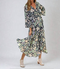 Cienna Gia Long Sleeve Wrap Dress in green multi - women's dress