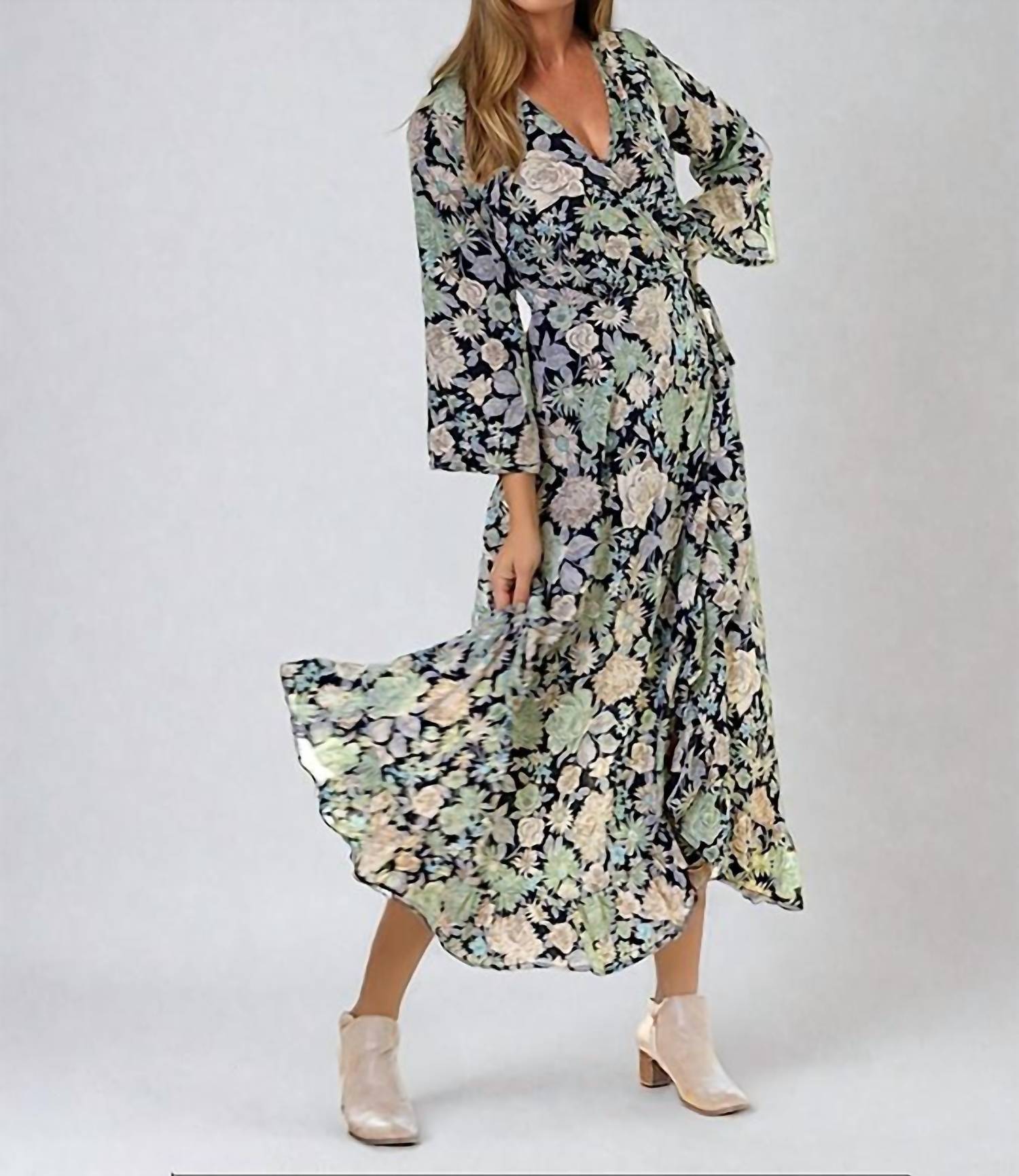 Cienna Gia Long Sleeve Wrap Dress in green multi - women's dress