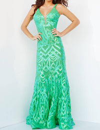 Jovani - Low V Neck Sheath Long Dress