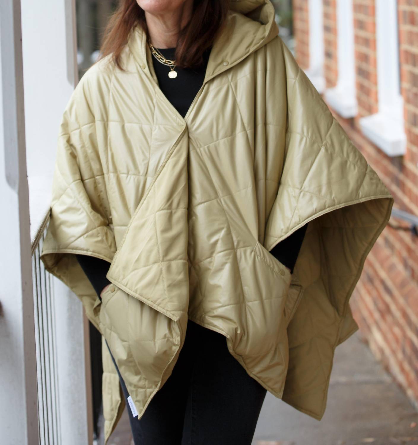RAINRAPS Women's Rain Puffer Jacket in olive gold pufferrap - women's jacket - detail view