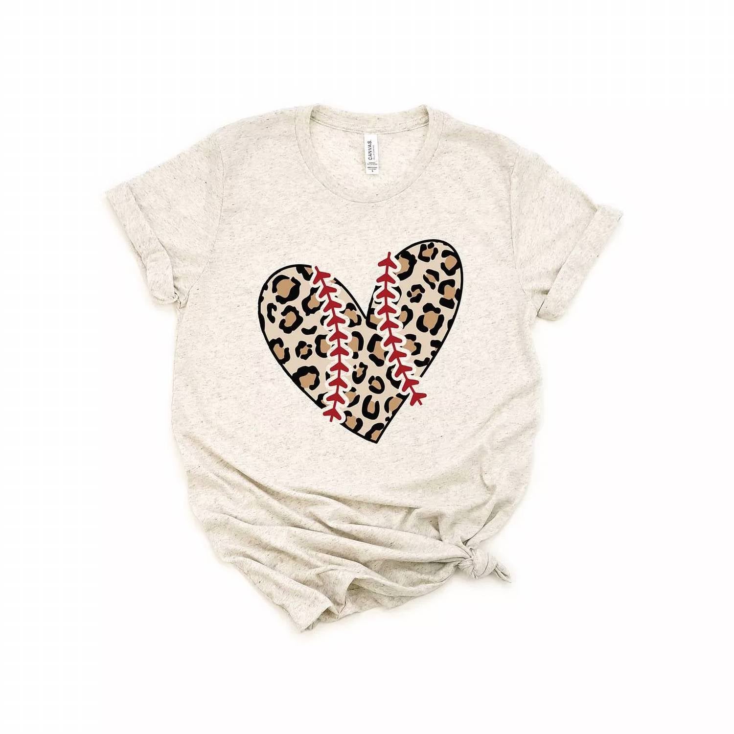 Lld Supply - Women's Leopard Baseball Heart Short Sleeve Graphic Tee