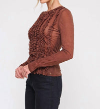 ALLIE ROSE Brynn Crinkled Silky Sheer Long Sleeve Blouse in brown - women's blouse - detail view