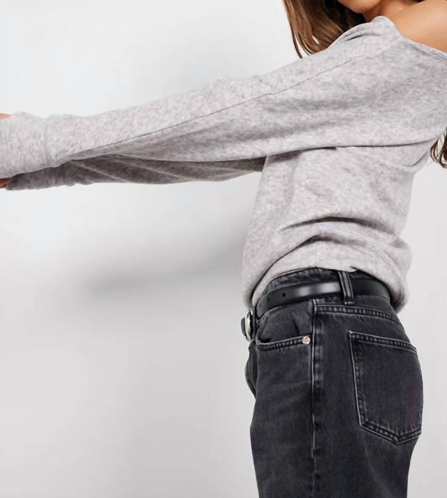 bobi Drop Sleeve Boat Neck Top in heather grey - women's long sleeve top - detail view