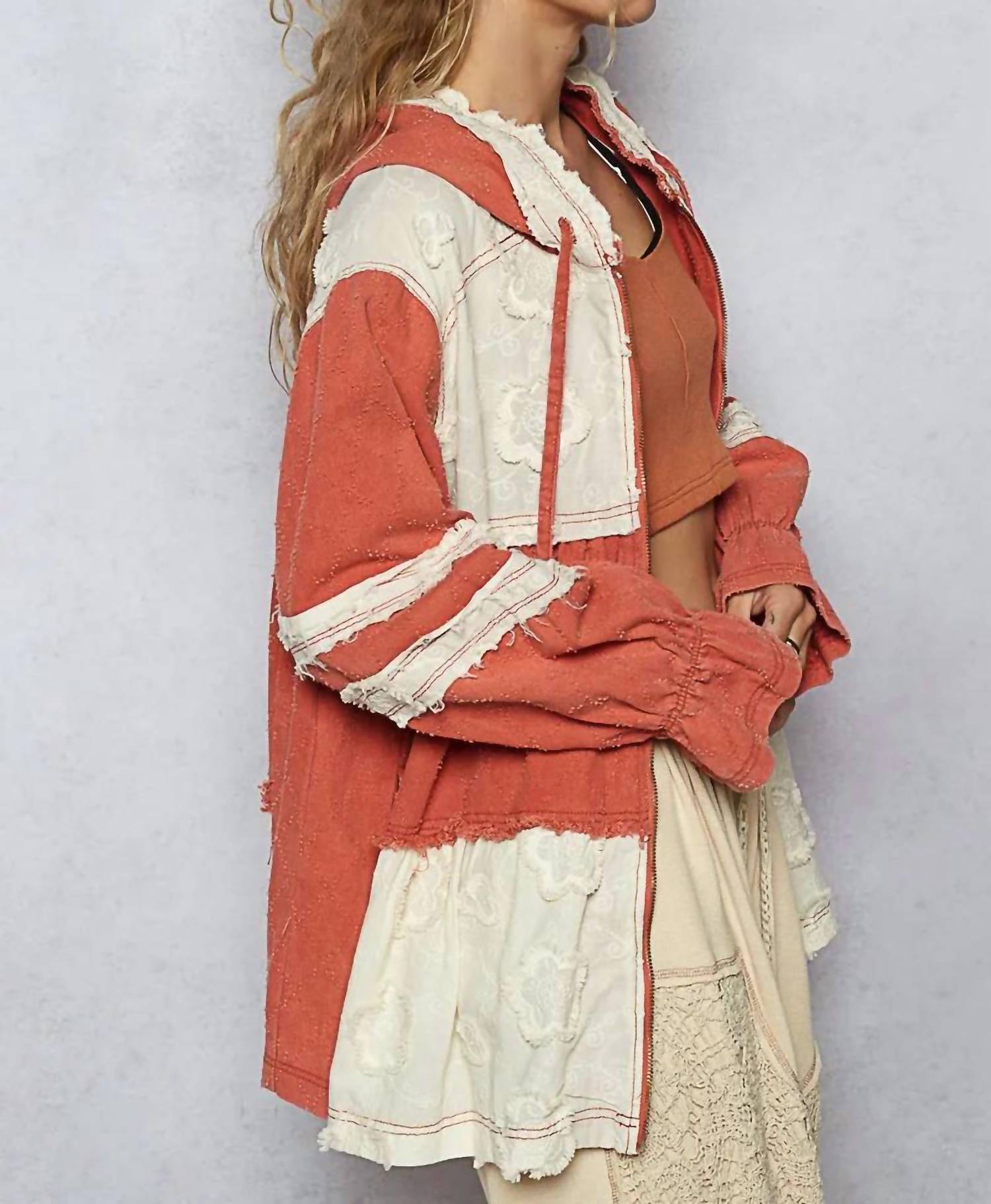 Pol - Raw Hem Color Block Hooded Jacket