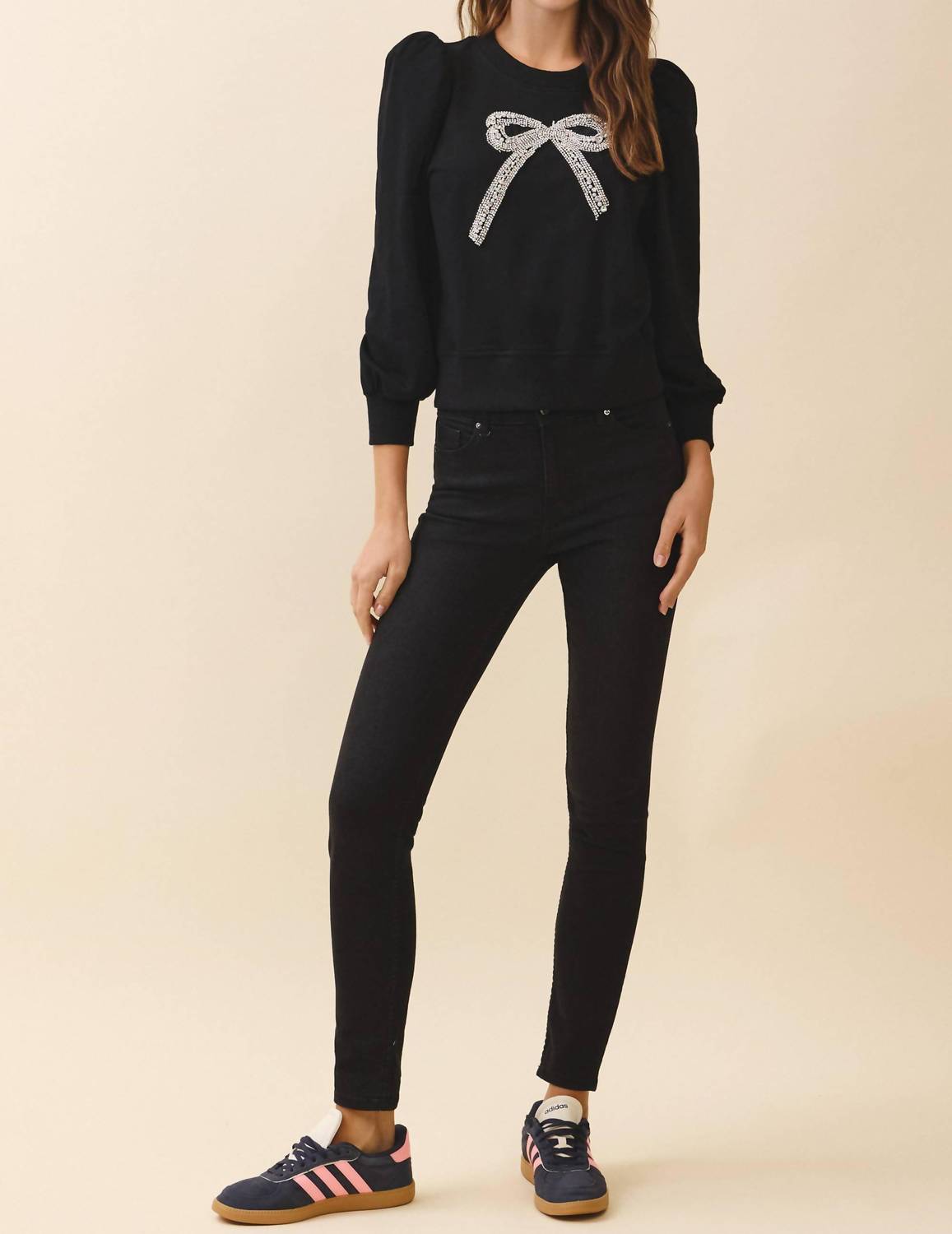 TCEC Front Crystal Embellished Bow Detail Sweatshirt in black - women's top - view 4