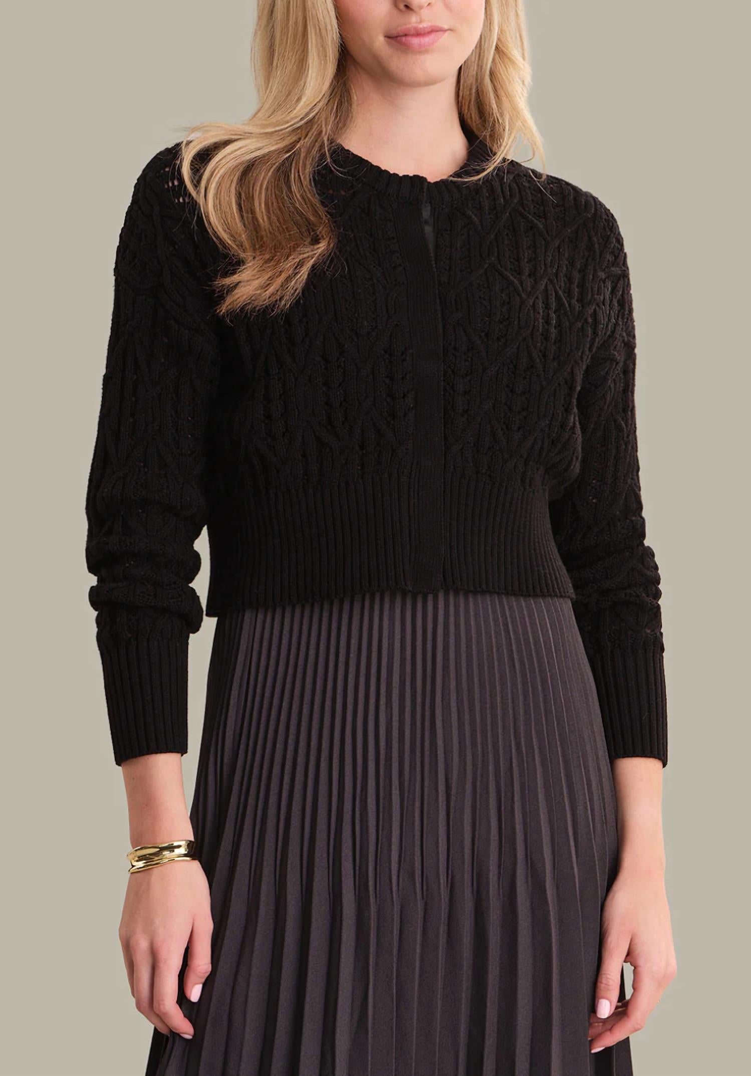 525 America Amara Cropped Cable Cardigan in black - women's cardigan