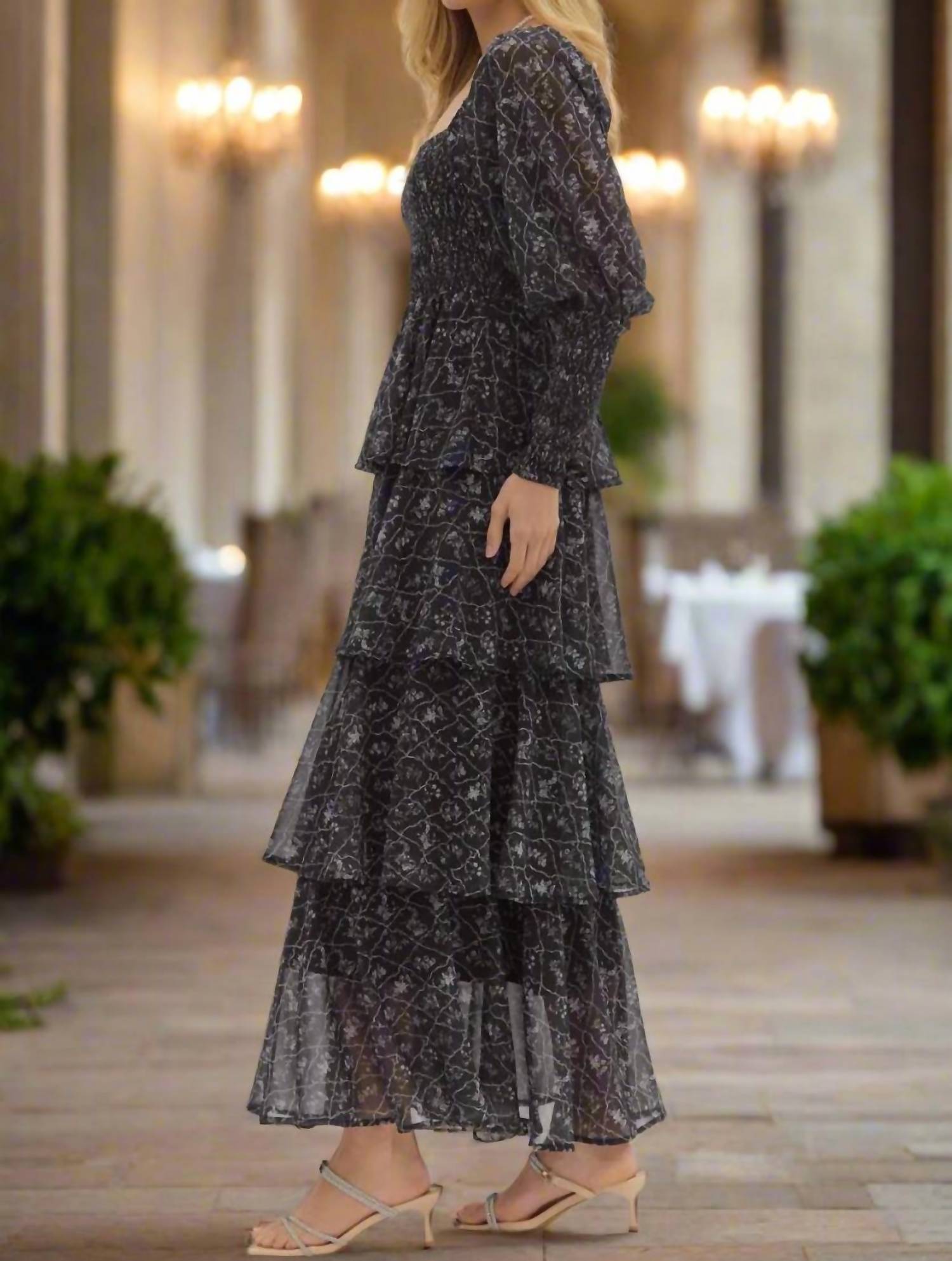 Entro - Tiered Floral Puff Sleeve Maxi Dress
