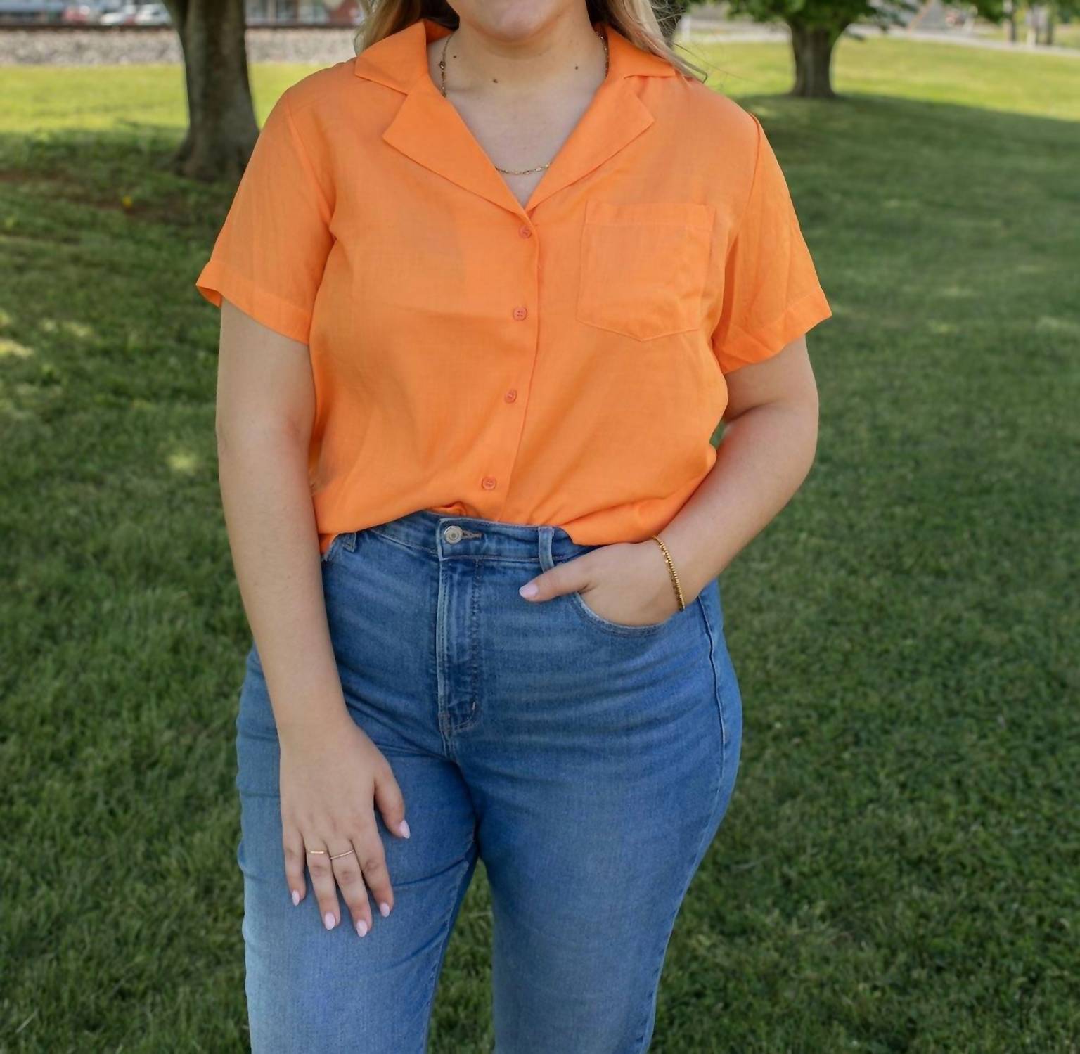 Vine & Love Sunsets Collared Blouse in orange - women's blouse - detail view