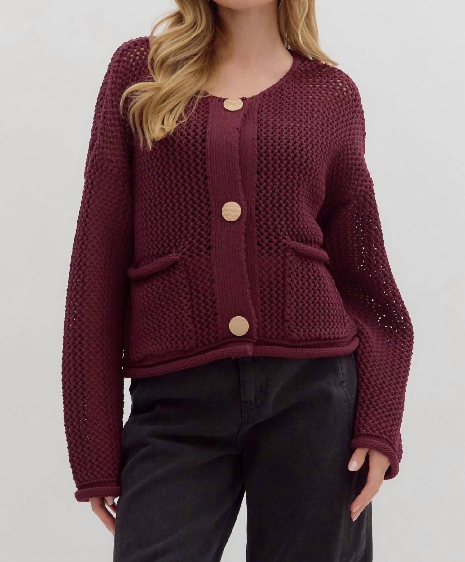 entro Sweater Knit Cardigan in burgundy - women's cardigan