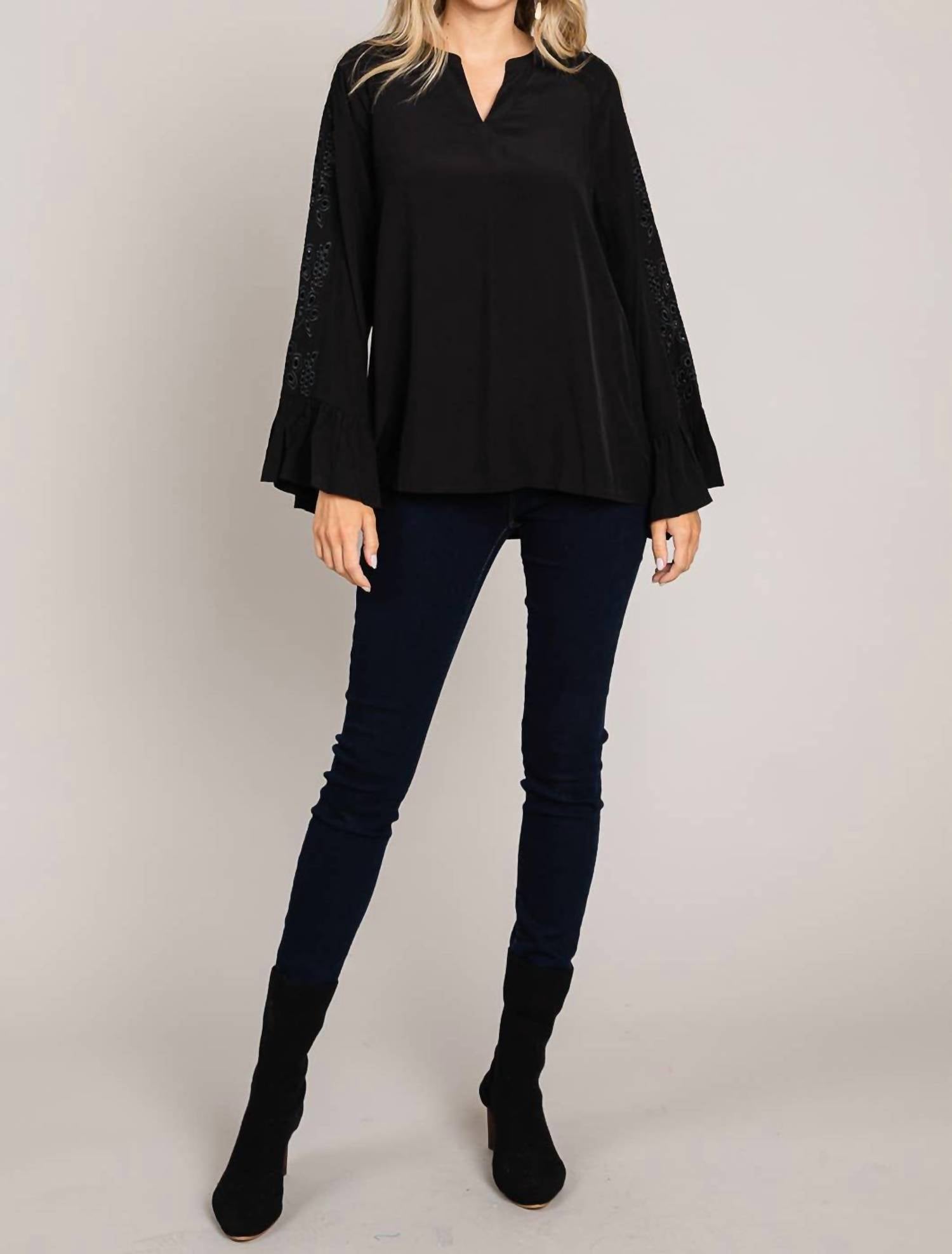 Cotton Bleu - Embroidered Sleeve Casual Top