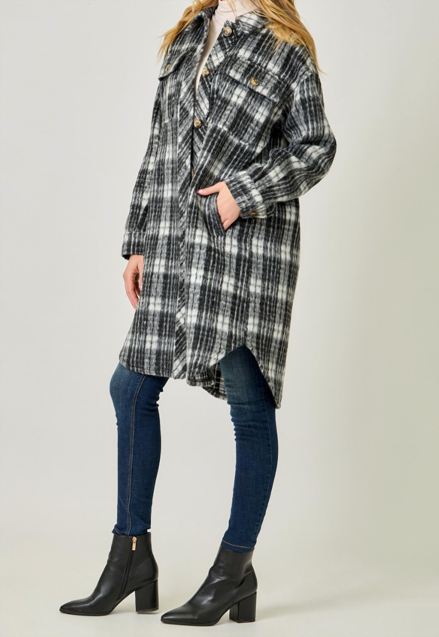mystree Fringe Placket Detail Plaid Long Jacket in black - women's jacket - detail view