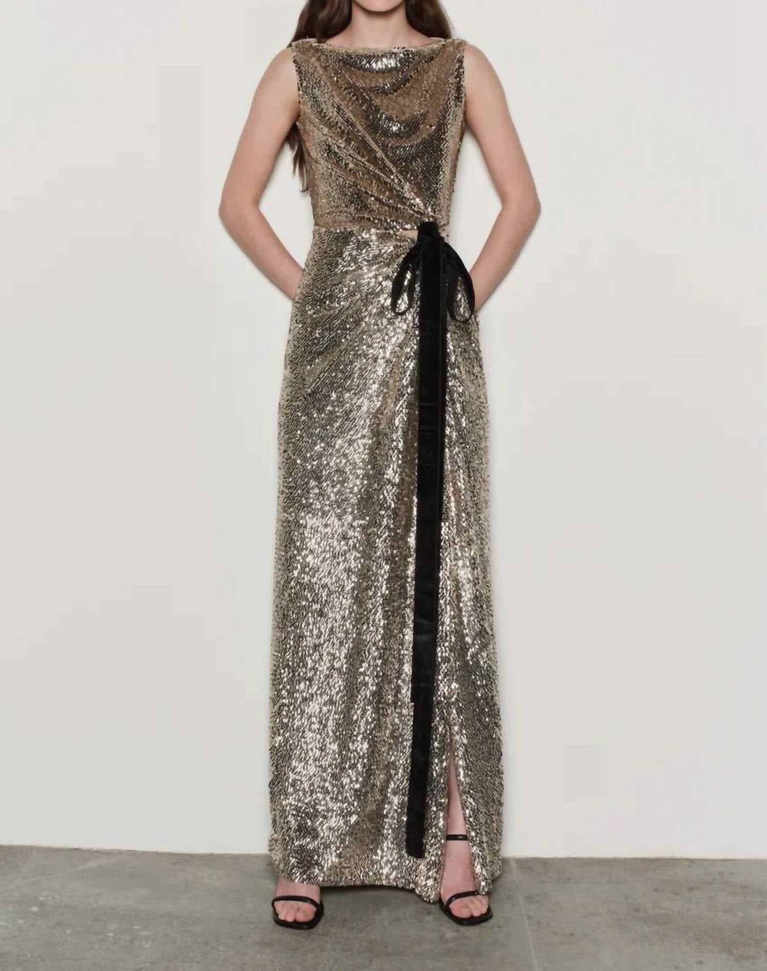 SIMKHAI Felicity With Bow Tie Gown in gold - women's dress - view 5