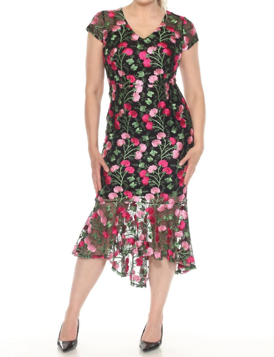 Joseph Ribkoff - Floral Embroidered Mesh Midi Trumpet Dress