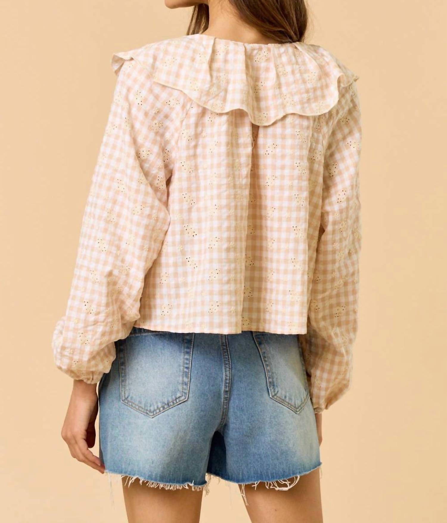 Lalavon - Gingham Eyelet Front Tie Ruffled Collar Top