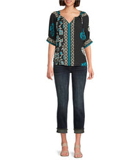 Tru Luxe - Floral Border Print Split V-neck Elbow Sleeve Top