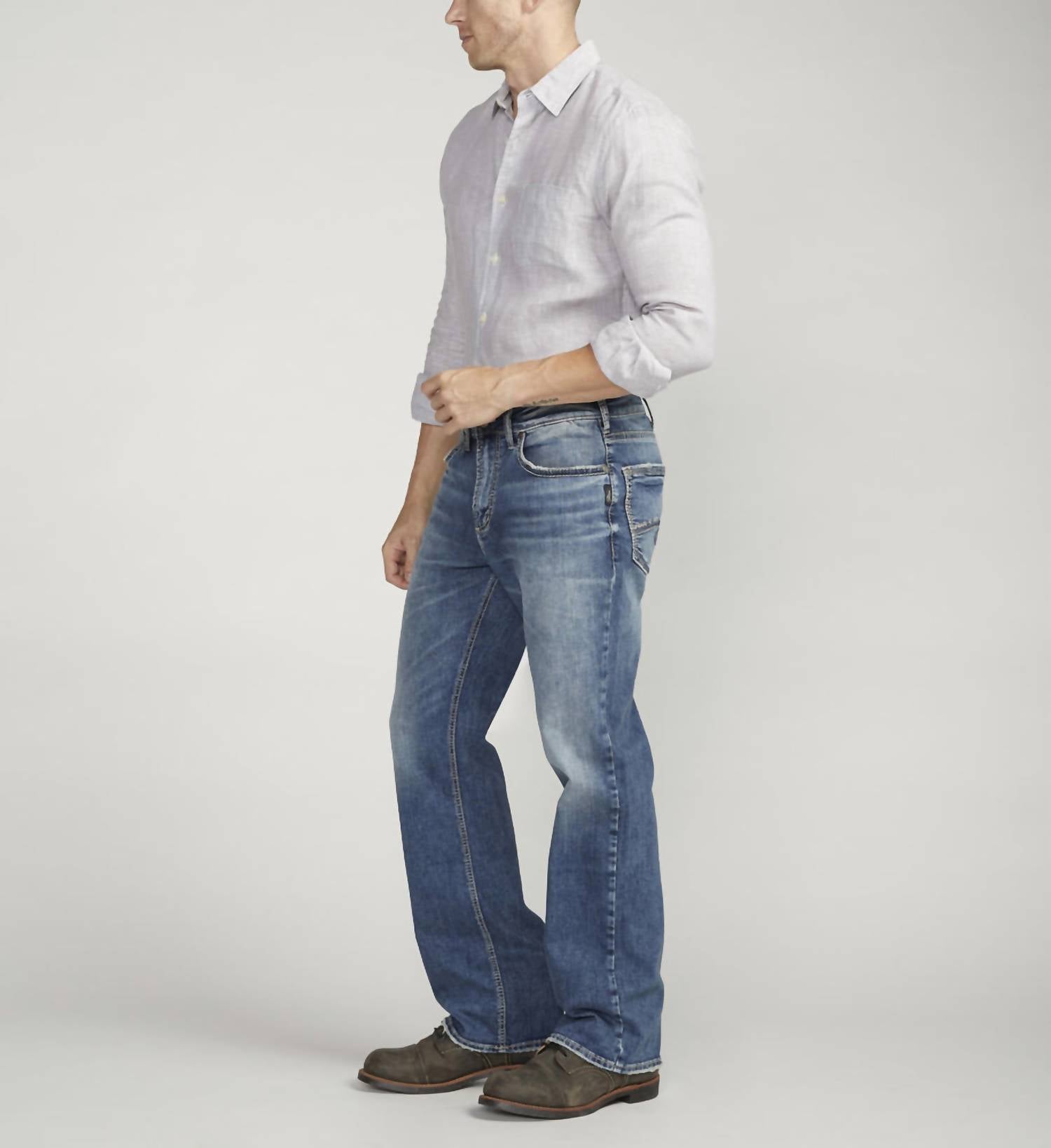 Silver Jeans Co Zac Relaxed Fit Straight Leg Jeans in medium indigo wash - men's jeans - detail view
