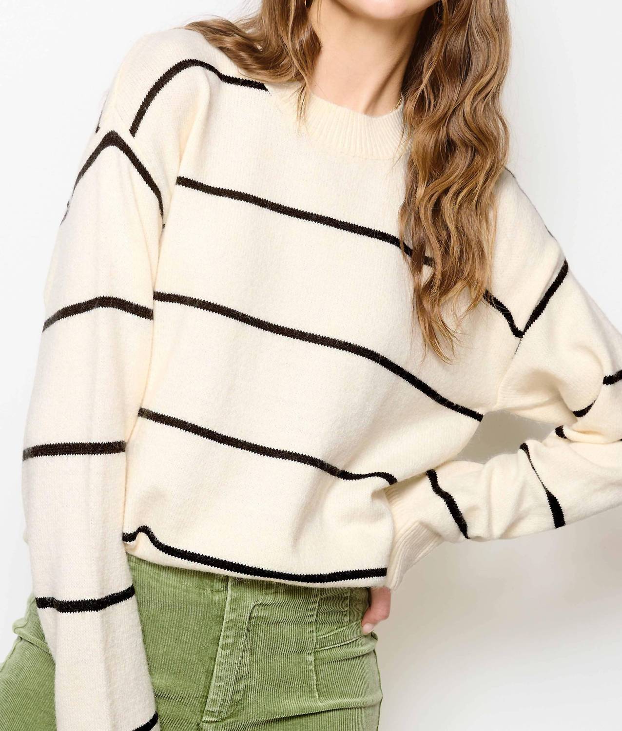 LA MIEL Loose Fit Stripe Long Sleeve Crew Sweater in powder - women's sweater - alternate view