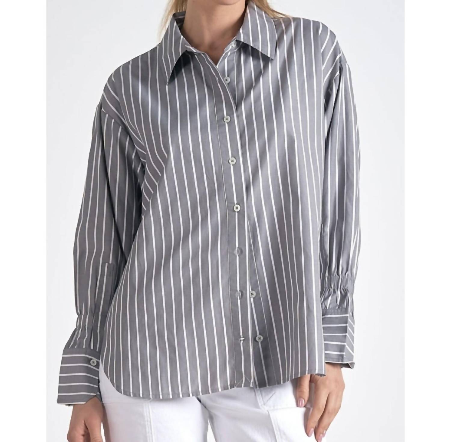 ELAN Long Sleeve Smock Shirt in grey white stripe - women's shirt
