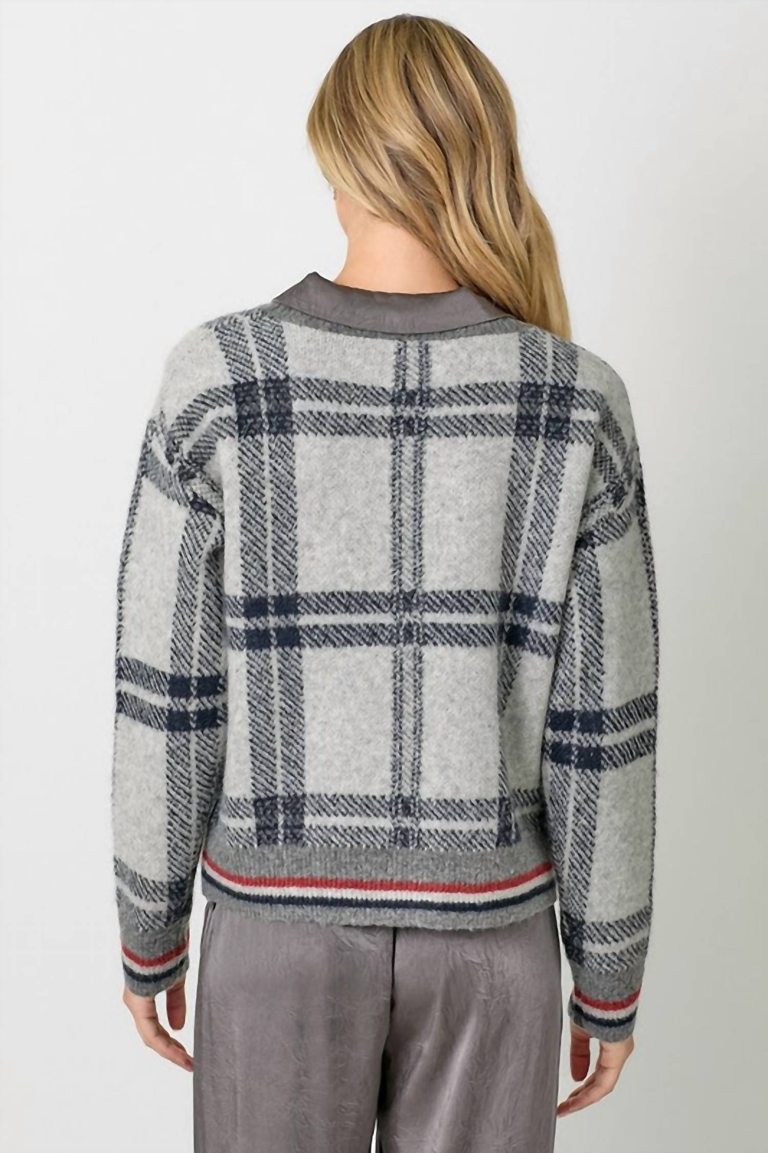 mystree The Londan Lane Plaid Cardigan in grey mix - women's cardigan - alternate view