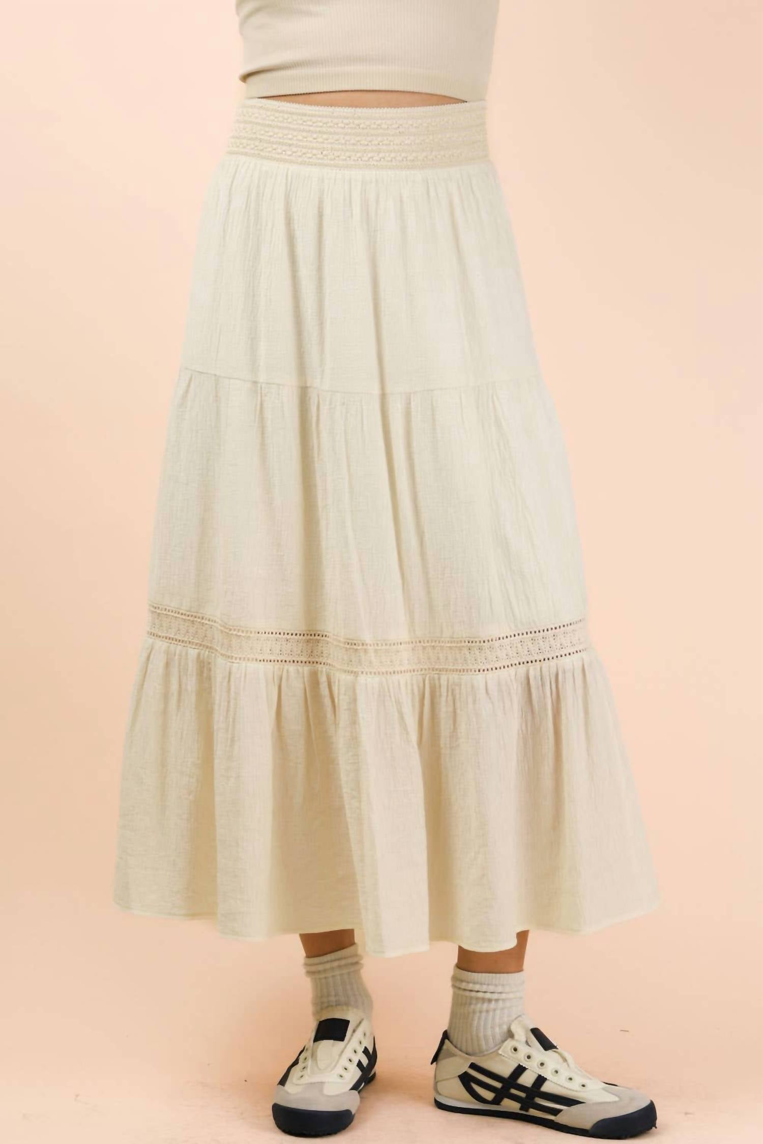 Very J - Tiered Layers Solid Woven Skirt With Lace Trim