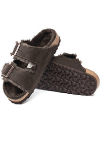 BIRKENSTOCK Unisex Arizona Shearling Suede Narrow Sandals in mocca - women's sandal - detail view