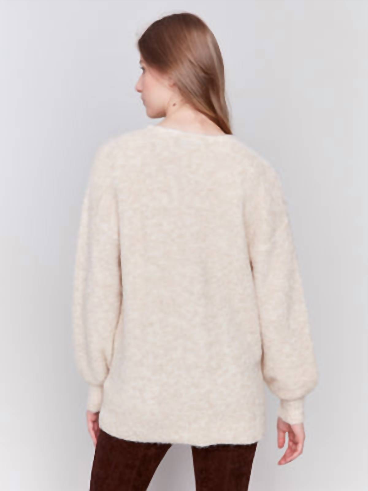 CHARLIE B Women's Boucle Net Cardigan in heather beige - women's cardigan - detail view