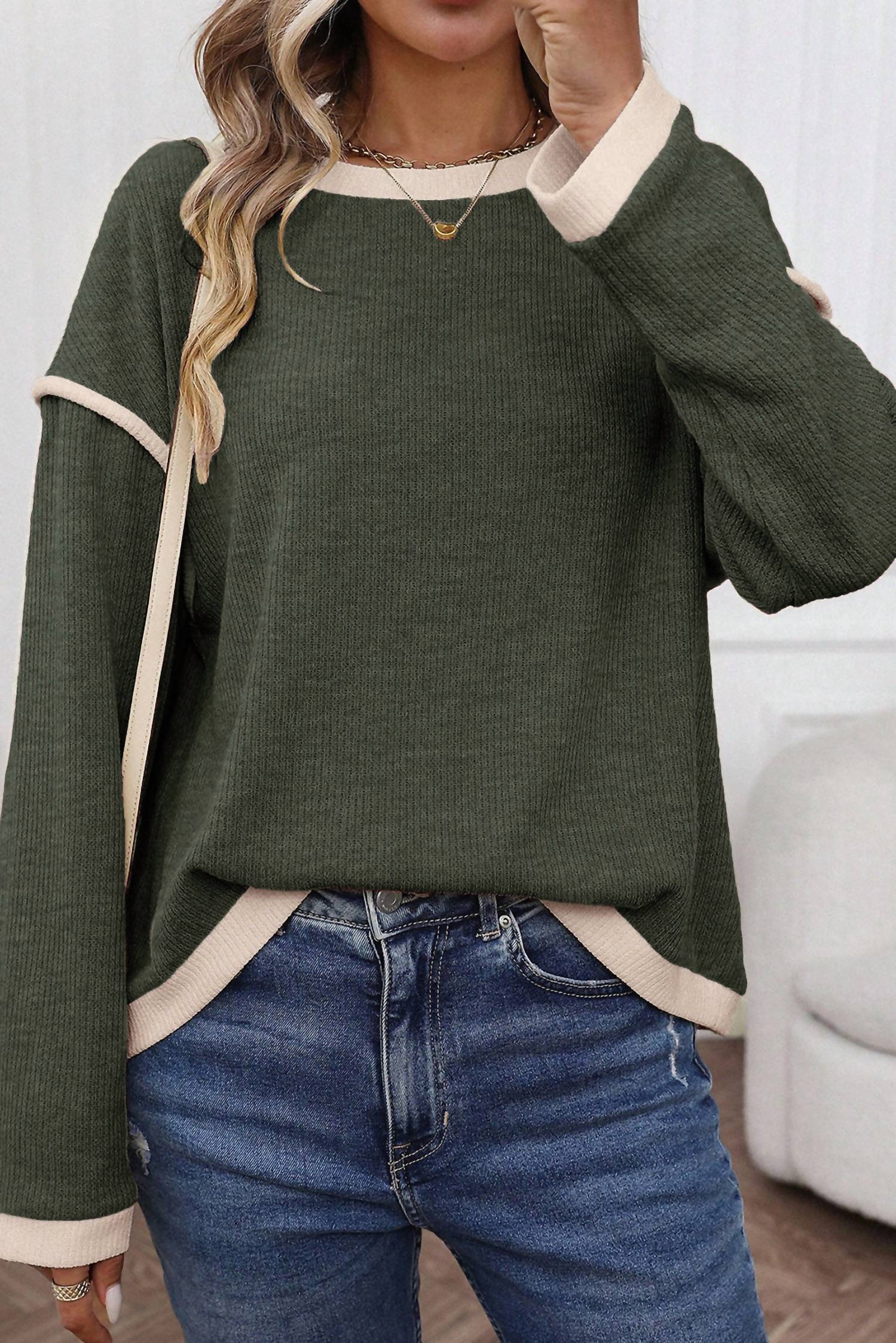 Shewin - Knit With Contrast Trim Top - Plus