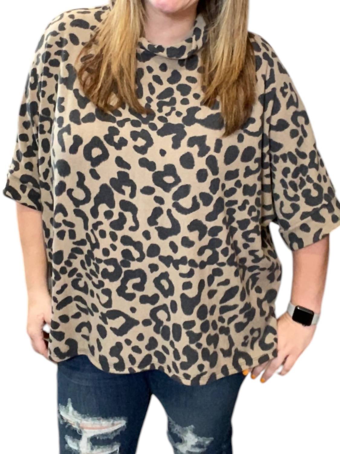 Honeyme - Leopard Cowl Neck Poncho
