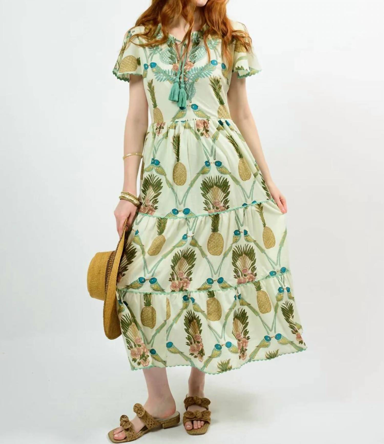 Uncle Frank Mid Cap Flutter Dress in ivory multi - women's dress - detail view