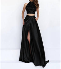 Sherri Hill Two Piece Halter High Slit Prom Maxi Dress in black - women's dress