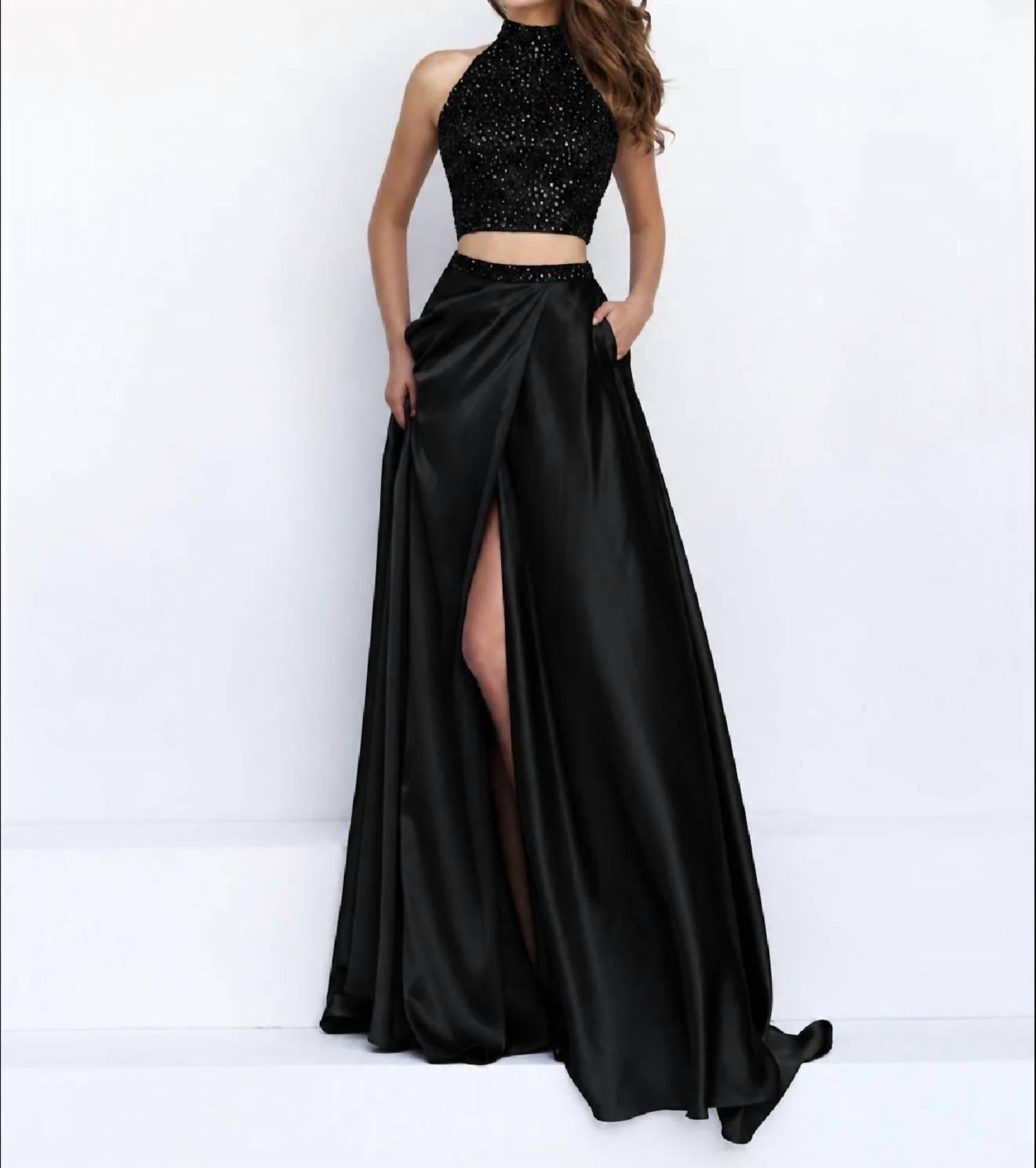 Sherri Hill Two Piece Halter High Slit Prom Maxi Dress in black - women's dress