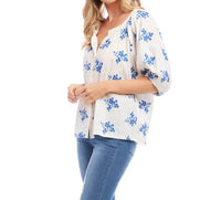Karen Kane Baylee Floral Embroidered Top in off white and blue - women's blouse - detail view