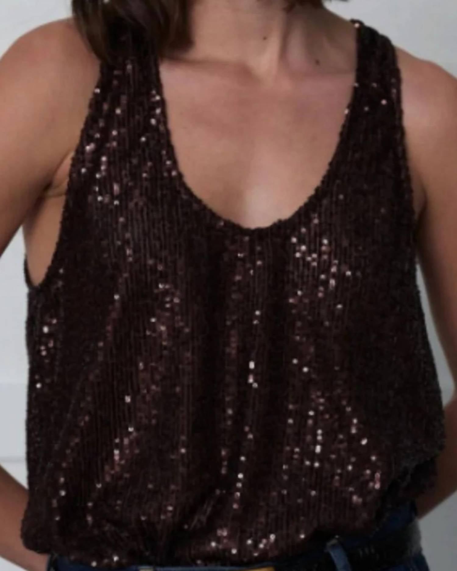 SECULAR Sequin Tank Top in chocolate - women's tank top - detail view