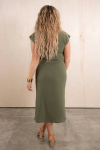 TRIBAL Sleeveless Wrap Midi Dress in loden - women's dress - detail view