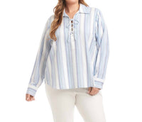 Karen Kane Eyelet Lace Up Top - Plus in stripe - women's long sleeve top