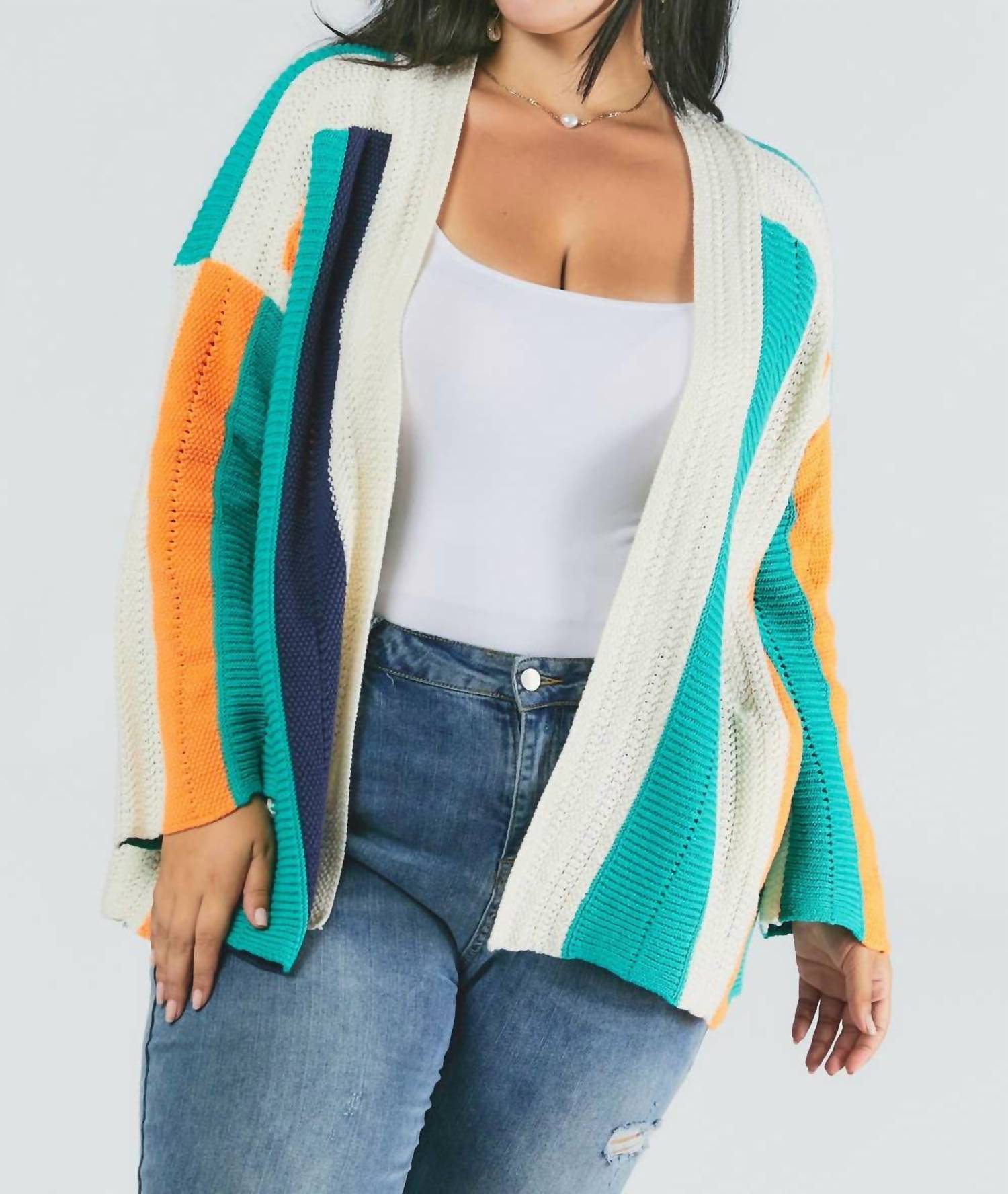 DAVI & DANI Color Block Long Sleeve Cardigan - Plus in multi - women's cardigan
